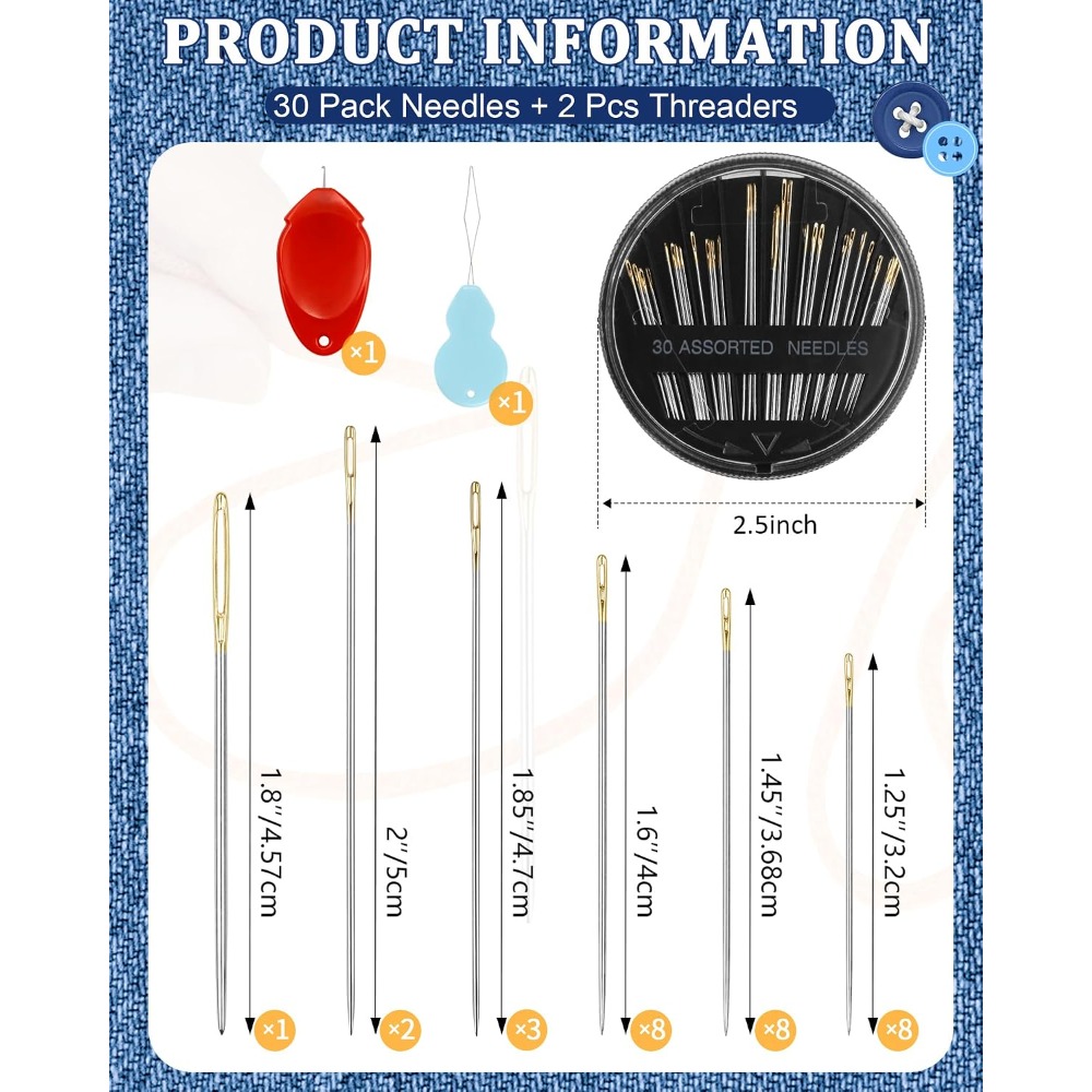 Art Craft Kit - 30-teiliges Stahl-Handnähnadel-Set in 6 Größen mit