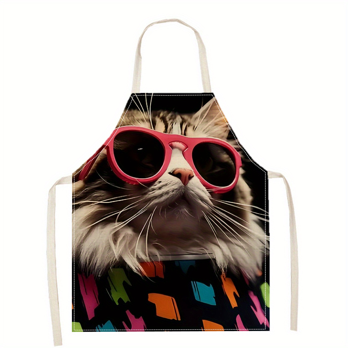 Art Craft Gift Ideas - Leinen-Schürze mit Lustigem Katzen-Sonnenbrillen-Print für Küche,